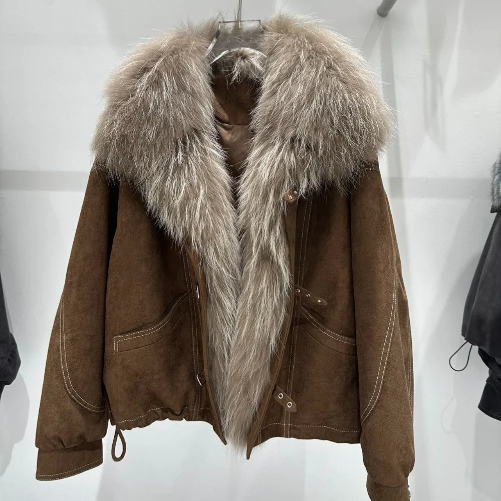 Women’s suede down jacket with fur collar
