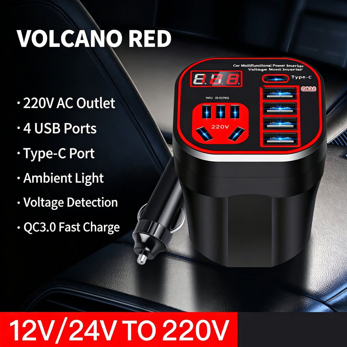 12V/24V Car Power Inverter with USB-C and QC 3.0