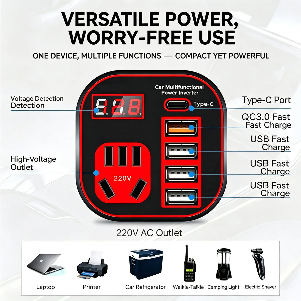 12V/24V Car Power Inverter with USB-C and QC 3.0